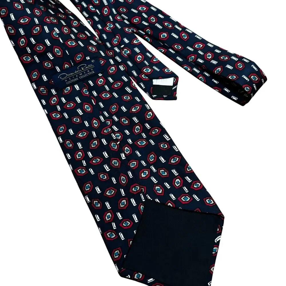 Oscar de la Renta all silk men's neck tie navy blue & red geometric pattern